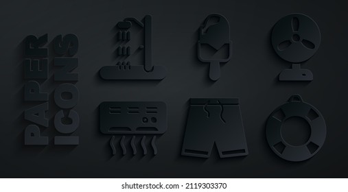 Set Swimming trunks, Electric fan, Air conditioner, Lifebuoy, Ice cream and Beach shower icon. Vector