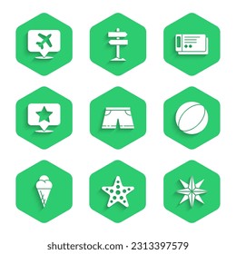 Set Swimming trunks, Starfish, Wind rose, Beach ball, Ice cream waffle cone, Map pointer with star, Travel ticket and Speech bubble airplane icon. Vector