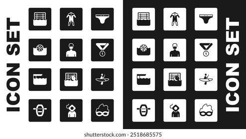 Set Swimming trunks, Swimmer, Water polo, Medal, Wetsuit for scuba diving, Kayak and paddle and Diving board springboard icon. Vector