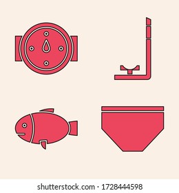 Set Swimming trunks, Wind rose, Snorkel and Fish icon. Vector