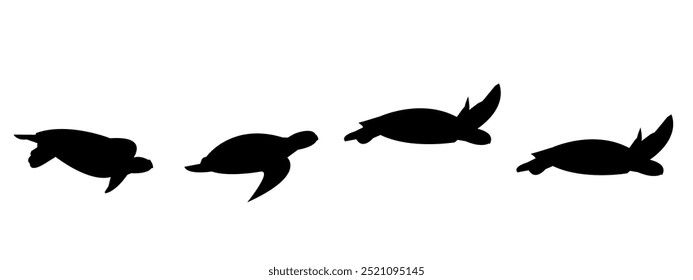 Set of swimming turtle silhouettes isolated on white background. various poses. Vector illustration.