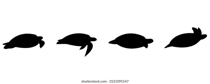 Set of swimming turtle silhouettes isolated on white background. various poses. Vector illustration.