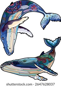 Set of swimming whale for anti stress Coloring Page.