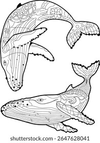 Set of swimming whale for anti stress Coloring Page.