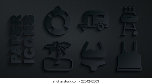 Set Swimsuit, Barbecue grill, Tropical palm tree, Sleeveless T-shirt, Rv Camping trailer and Lifebuoy icon. Vector