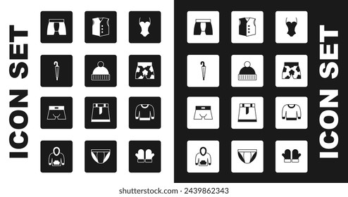 Conjunto Traje de baño, Gorro gorro, Paraguas, Calzoncillos de hombre, Bañador, Chaleco, Suéter e icono. Vector