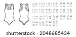 Set of swimsuit lingerie technical fashion illustration with one piece or separate bras and panties. Flat brassiere template front, back, white color style. Women, men, unisex underwear CAD mockup
