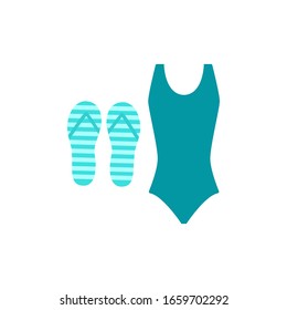 Set of swimsuit and slippers isolated on white background. Summer travel things vector flat illustration. Elements for icons, sticker, postcard, banner