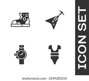 Set Swimsuit, Sport sneakers, Wrist watch and Electric bass guitar icon. Vector