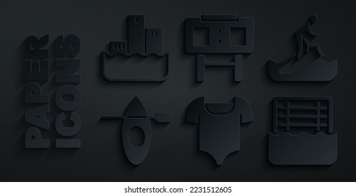 Set Swimsuit, Surfboard, Kayak and paddle, Water polo, Sport mechanical scoreboard and Winner podium icon. Vector