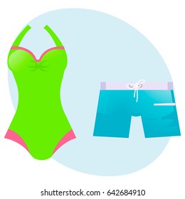 Set swimsuit and swimming trunks. Vector flat illustration