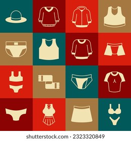 Set Swimsuit, T-shirt, Men underpants, Hoodie, Undershirt, Man hat and Sweater icon. Vector