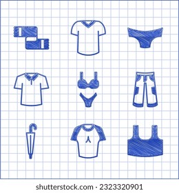 Set Swimsuit, T-shirt, Undershirt, Pants, Umbrella, Shirt, Men underpants and Winter scarf icon. Vector