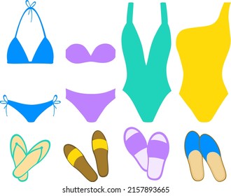 Set of swimsuits and flip flops. Bikini. Beachwear. Colorful elements. Vector illustration. Summer vacation.