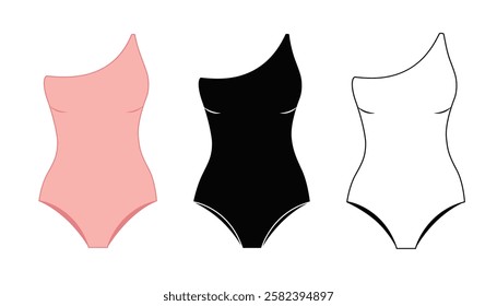 Set of swimsuits isolated on a white background. One-shoulder piece swimwear. Vector icons of black, pink and white swimsuits. Clothes symbol vector illustration