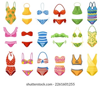 Set of swimwear. Swimsuits and bikini for women and girls cartoon vecto