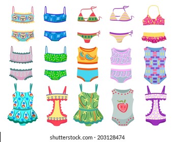 Set of swimwears for little girls isolated on white background