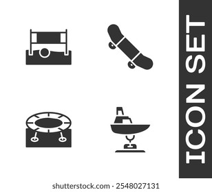 Conjunto Barco oscilante, red de voleibol con bola, trampolín de salto e icono de truco de monopatín. Vector