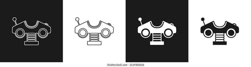 Set Swing car on the playground icon isolated on black and white background. Childrens carousel with car. Amusement icon.  Vector