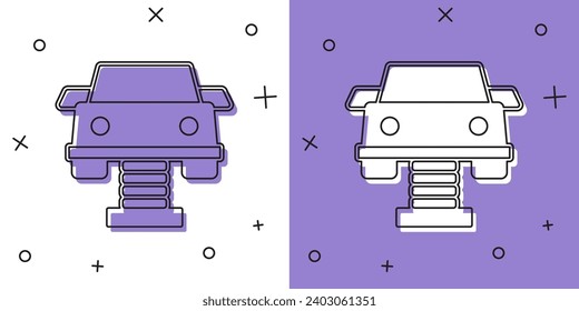 Coloque el coche Swing en el icono del patio de recreo aislado sobre fondo blanco y violeta. Niños carrusel con auto. Icono de diversión.  Vector