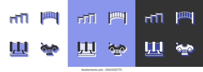 Set Swing car, Sport horizontal bar, Kid playground slide pipe and Playground kids bridge icon. Vector