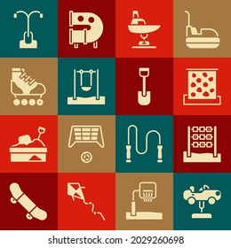 Set Swing car, Tic tac toe game, Climbing wall, boat, Roller skate, Street light and Shovel toy icon. Vector