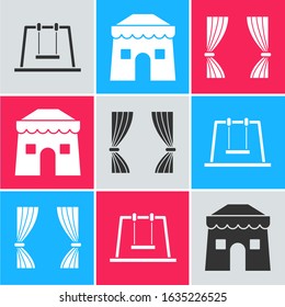 Set Swing, Circus tent and Curtain icon. Vector