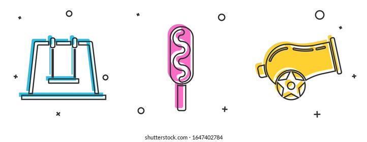 Ajuste el icono de Swing, Corn dog y Cannon. Vector