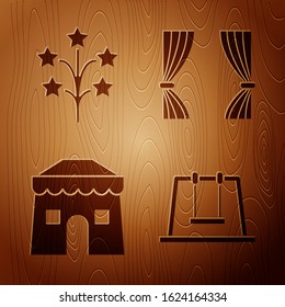 Set Swing, Fireworks, Circus tent and Curtain on wooden background. Vector