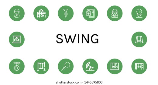 Set of swing icons such as Golf player, Playground, Tee, Swing, Golfer, Golf ball, Pendulum ride, Newtons cradle, Monkey bars , swing