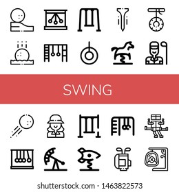 Set of swing icons such as Golf ball, Newtons cradle, Monkey bars, Swing, Tee, Spring swing horse, Golfer, Pendulum ride, Spring rocket, Golf bag ,