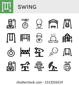 Set of swing icons such as Swing, Golfer, Golf ball, Pergola, Monkey bars, Golf player, Playground, Rope park, Spring swing rocket, Spring horse, Pendulum ride, Golf bag ,