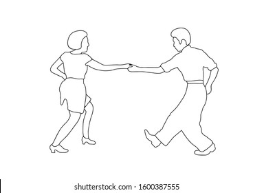 Set Swing Jazz Retro Dance. Pait People Dancing In Vintage Style Isolated On White Background. Outline Vector Illustration 1940s 1950s. Men And Women On Swing, Jazz,lindy Hop Or Boogie Woogie Party.