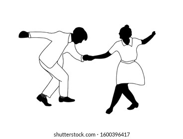 Set Swing Jazz Retro Dance. Pait People Dancing In Vintage Style Isolated On White Background. Outline Vector Illustration 1940s 1950s.