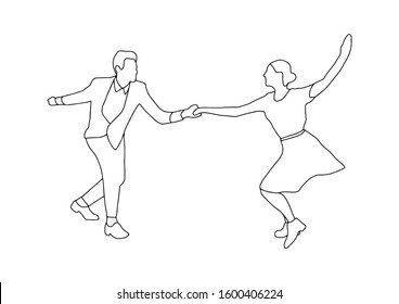 Set swing jazz retro dance. Pait people dancing in vintage style isolated on white background. Outline vector illustration 1940s 1950s.