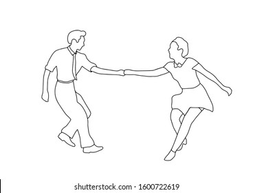 Set swing jazz retro dance. Pair people dancing in vintage style isolated on white background. Outline vector illustration 1940s 1950s. Men and women on swing, jazz,lindy hop or boogie woogie party.