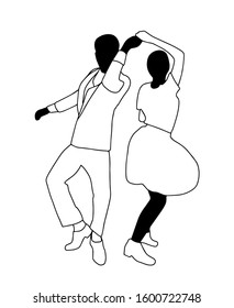 Set Swing Jazz Retro Dance. Pait People Dancing In Vintage Style Isolated On White Background. Outline Vector Illustration 1940s 1950s.