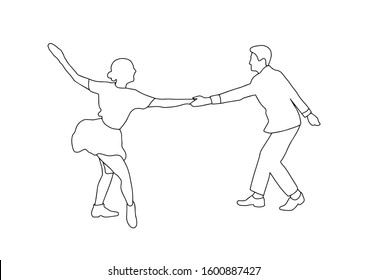 Set swing jazz retro dance. Pait people dancing in vintage style isolated on white background. Outline vector illustration 1940s 1950s. Men and women on swing, jazz,lindy hop or boogie woogie party.