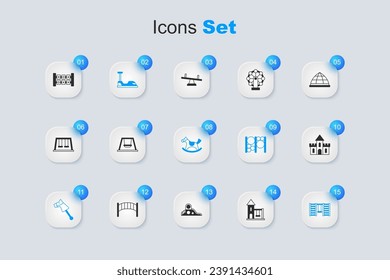 Set Swing for kids, Bumper car, Toy horse, Swedish wall, Sand castle, Education logic game and Horse saddle swing icon. Vector