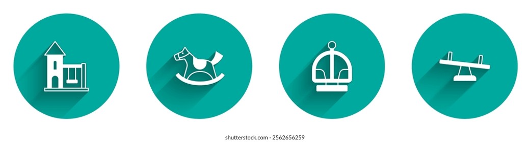 Set Swing for kids, Horse saddle swing, Attraction carousel and Seesaw icon with long shadow. Vector