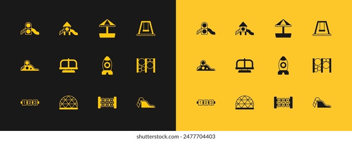 Set Swing for kids, Playground climbing equipment, Rocket ship toy, Education logic game, Attraction carousel, Sandbox with sand, Slide playground and  icon. Vector