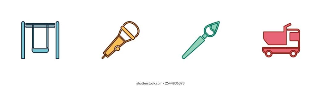 Set Schaukel, Mikrofon, Pinsel und Spielzeug-LKW-Symbol. Vektorgrafik