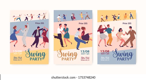 Set of Swing party colorful promo poster vector flat illustration. Collection of announcement Lindy hop dancing event with place for text. Male and female cartoon characters performing dance