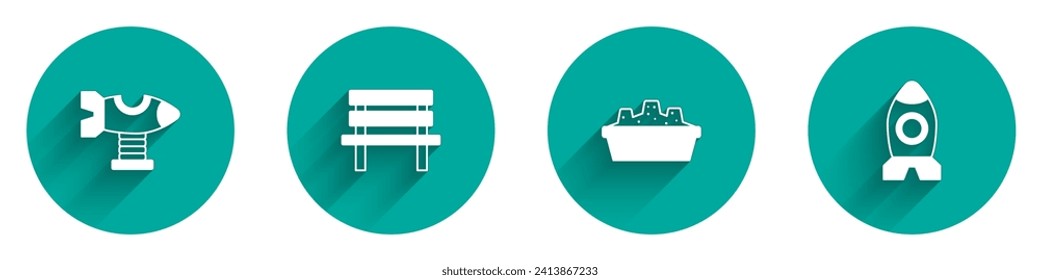 Set Swing plane, Bench, Sandbox with sand and Rocket ship toy icon with long shadow. Vector