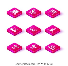 Set Swing plane, boat, Abacus, Seesaw, Attraction carousel, Sand tower, Bench and Roller skate icon. Vector