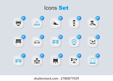 Set Swing plane, Monkey bar, Playground climbing equipment, Swedish wall, Horse saddle swing, car and  icon. Vector