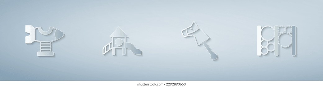 Set Swing plane, Slide playground, Toy horse and Playground climbing equipment. Paper art style. Vector