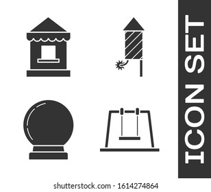 Set Swing, Ticket box office, Magic ball and Firework rocket icon. Vector