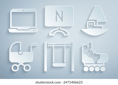 Set Swing, Toy boat, Baby stroller, Roller skate, Smart Tv and Laptop icon. Vector