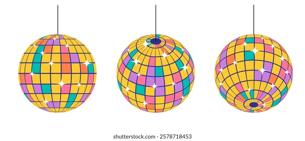 Set of swinging mirror disco ball with shiny spotlight flashes and colorful mirror cells on surface. Ball with mirror mosaic pattern to reflect rays of spotlights night club. Vector isolated on white